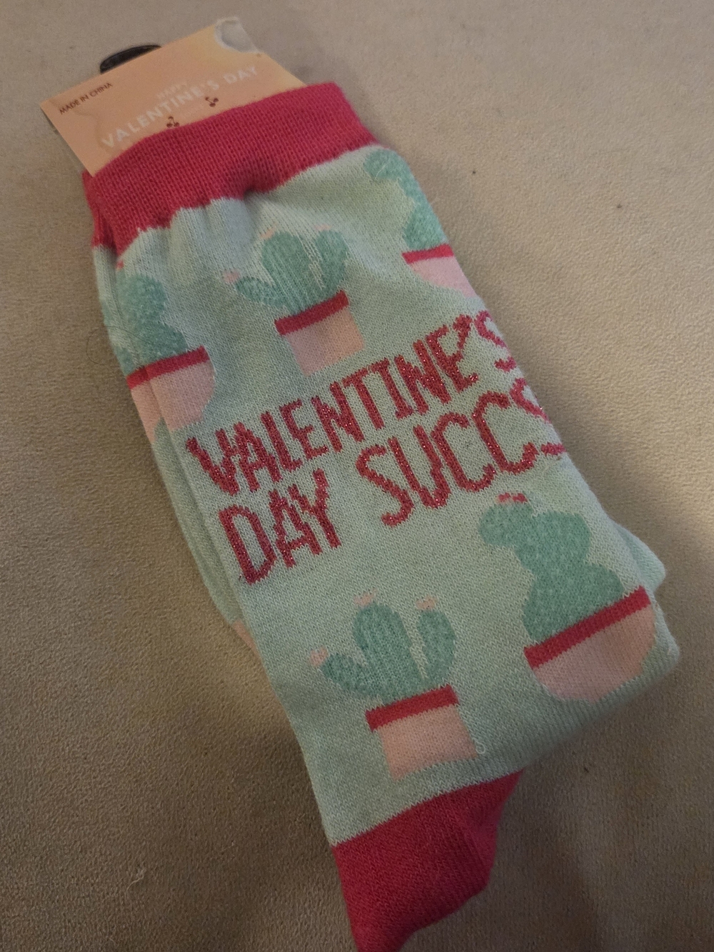 Valentine's Day Succs Cactus Crew Socks - Mint & Pink NWT